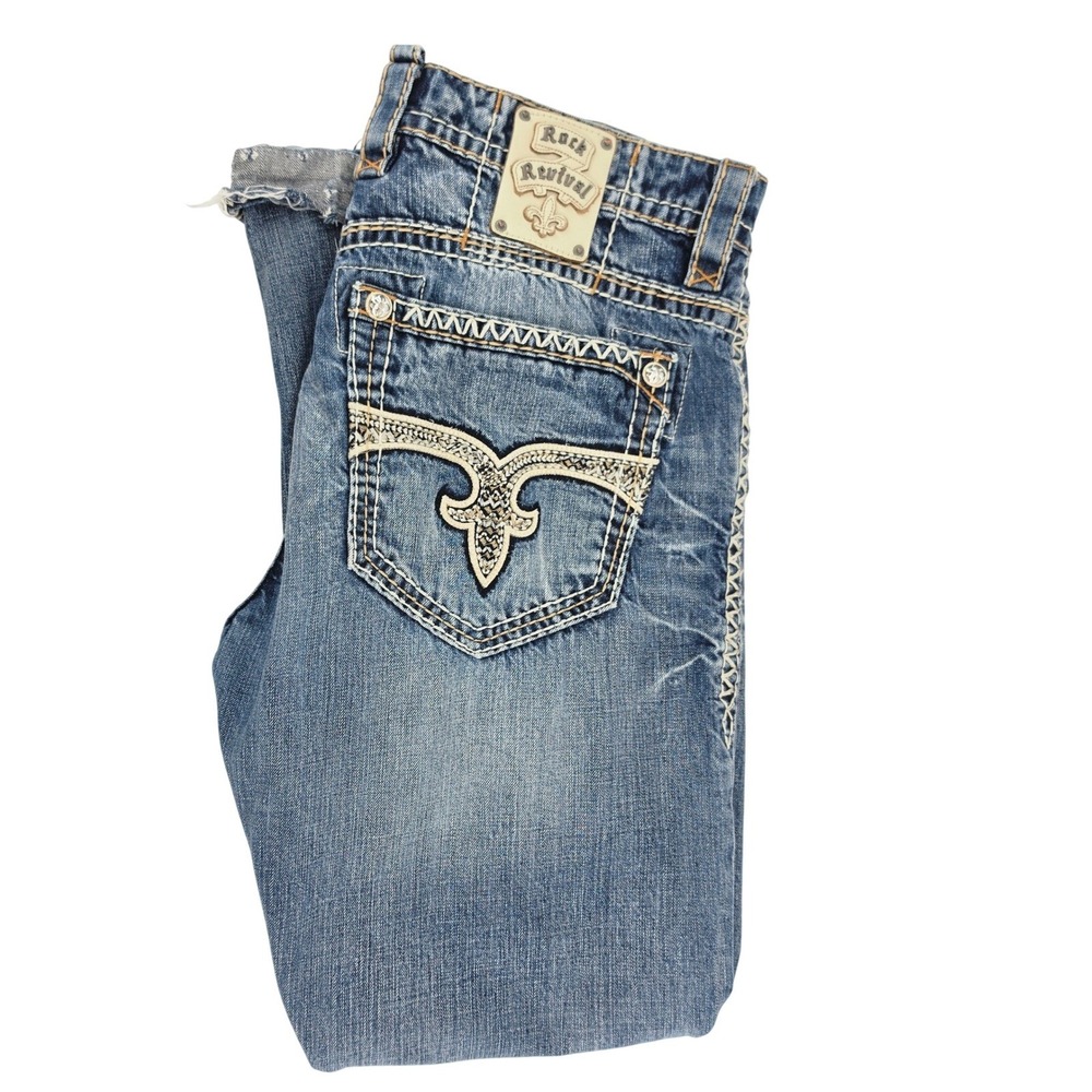 Rock Revival McCoy Straight Jeans Mens 36x30 Blue Distressed Heavy Stitch Y2K